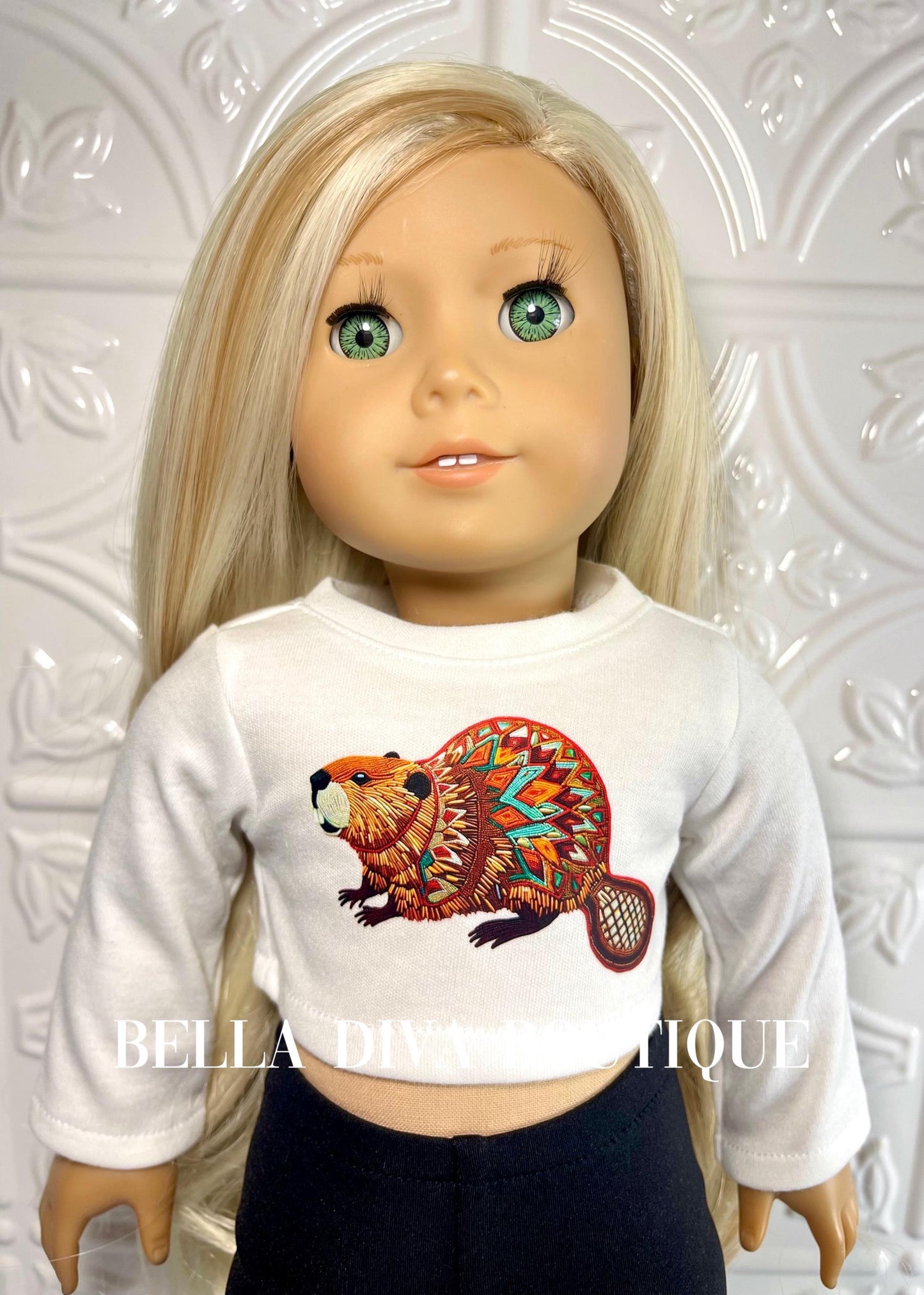 CUSTOM DESIGN Long Sleeve Ivory Crop Top Made to fit 18" Girl Dolls -PERSONALIZED Doll Tees