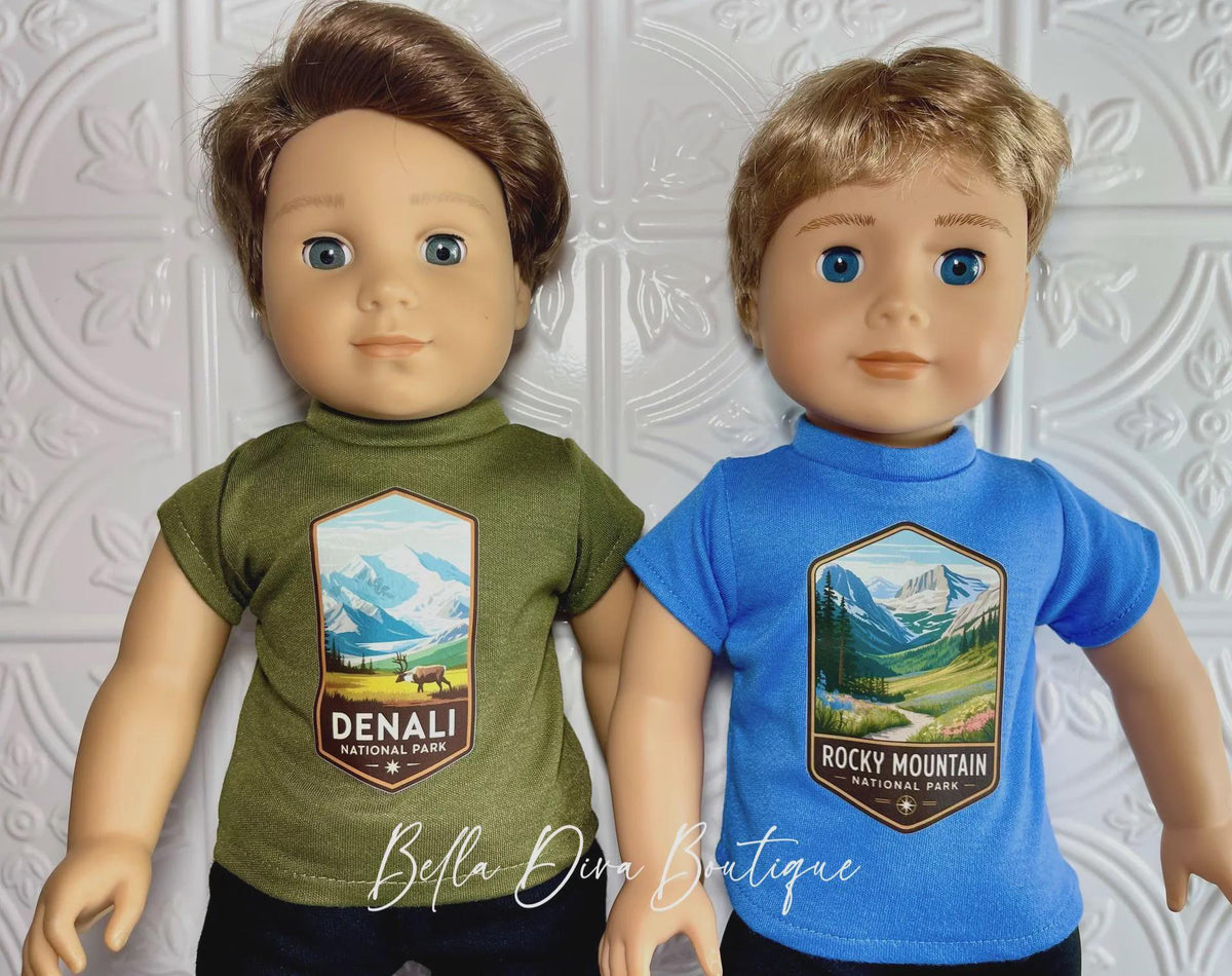 NATIONAL PARKS  18" Girl Doll T-shirts- CUSTOM Design Tees-Logo Graphic Tops Designed to fit 18 Inch Dolls