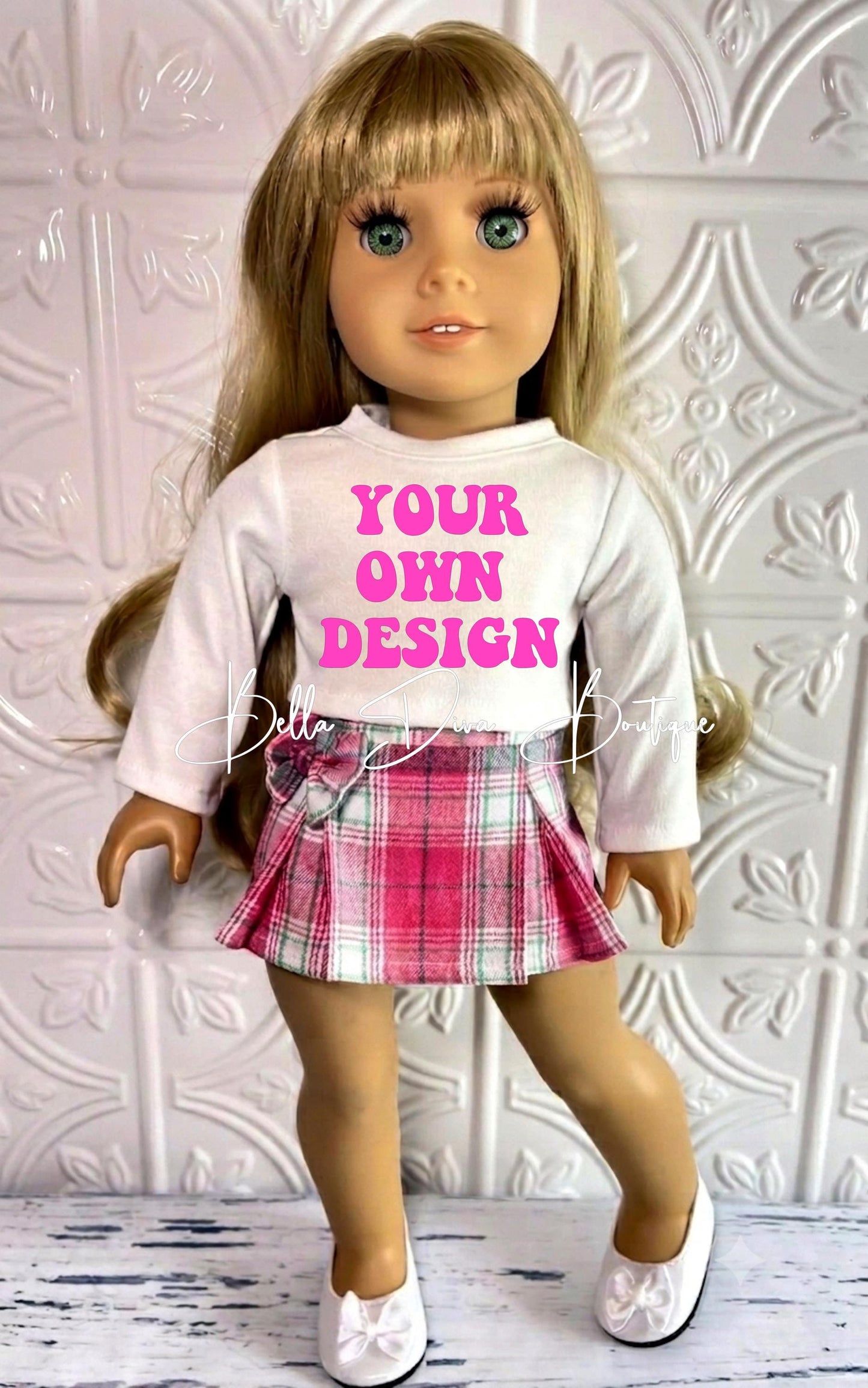 CUSTOM DESIGN Long Sleeve Ivory Crop Top Made to fit 18" Girl Dolls -PERSONALIZED Doll Tees