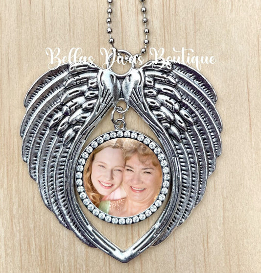 Personalized Memorial Photo Ornament, Antique Silver Wings