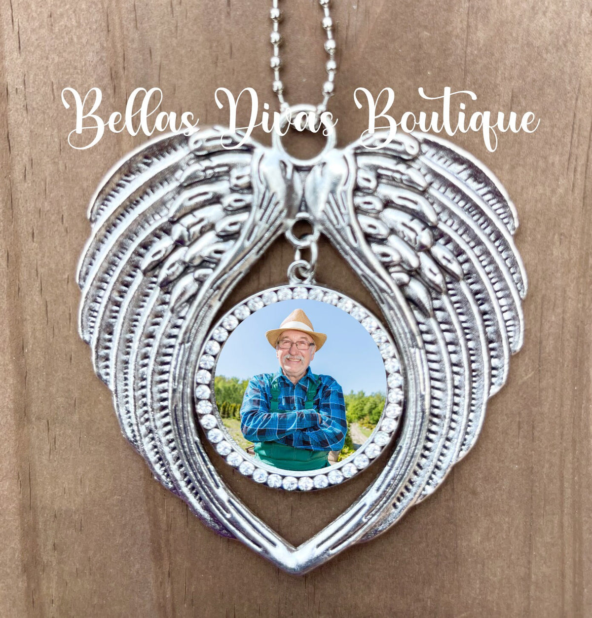 Personalized Memorial Photo Ornament, Antique Silver Wings
