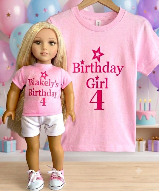 BIRTHDAY GIRL 4 & DOLL Matching Tees