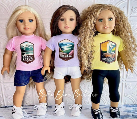 NATIONAL PARKS  18" Girl Doll T-shirts- CUSTOM Design Tees-Logo Graphic Tops Designed to fit 18 Inch Dolls